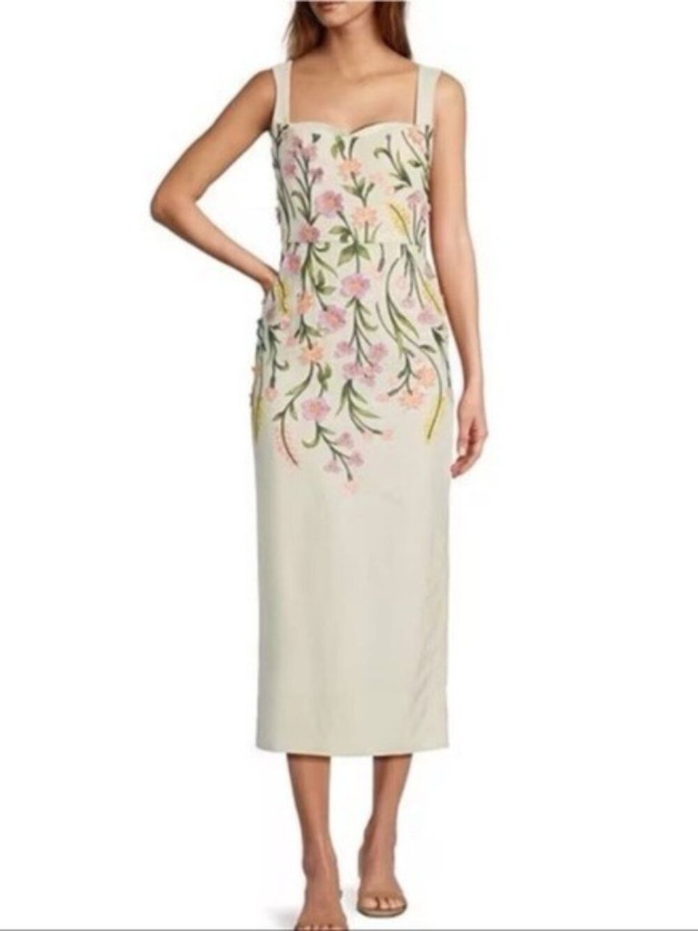 Antonio Melani Halo Sheath Midi Dress Sz 8  Linen Floral Embroidered Sleeveless
